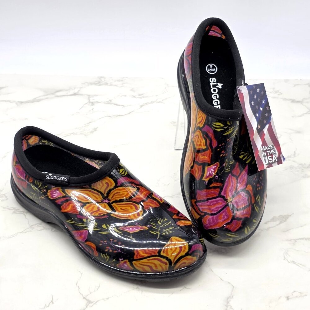 Sloggers Rain Shoes Garden Boots Women 6 Waterproof Slip on Black Floral Low NEW
